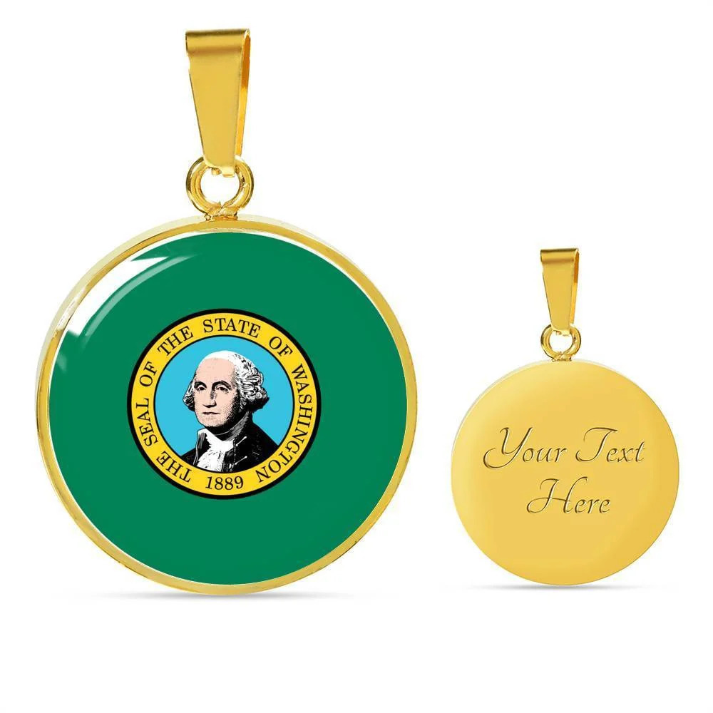 Washington State Flag Personalized Engraved Gold Circle Necklace Custom Name Da